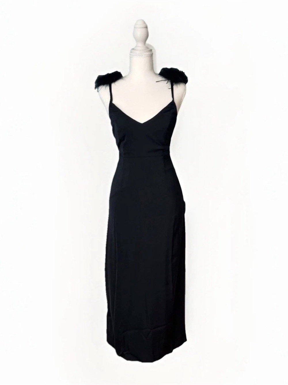NWT Lulus Exquisite Invite Black Feather Trim Backless Midi Dress - Size XS